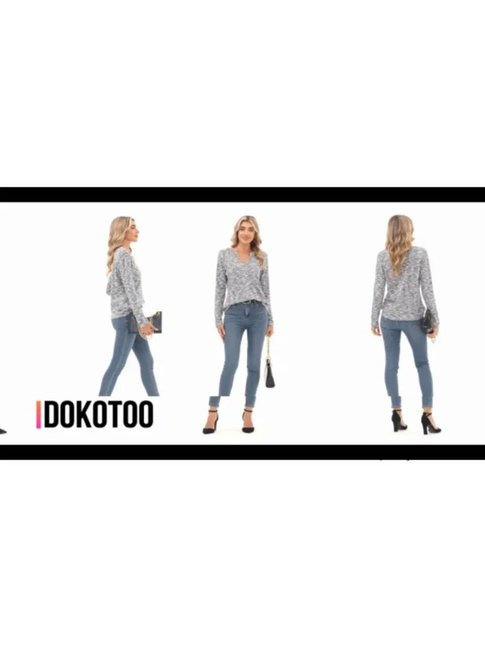 Dokotoo Waffle Knit V-Neck Long Sleeve Sweater Loose Fit Casual Top